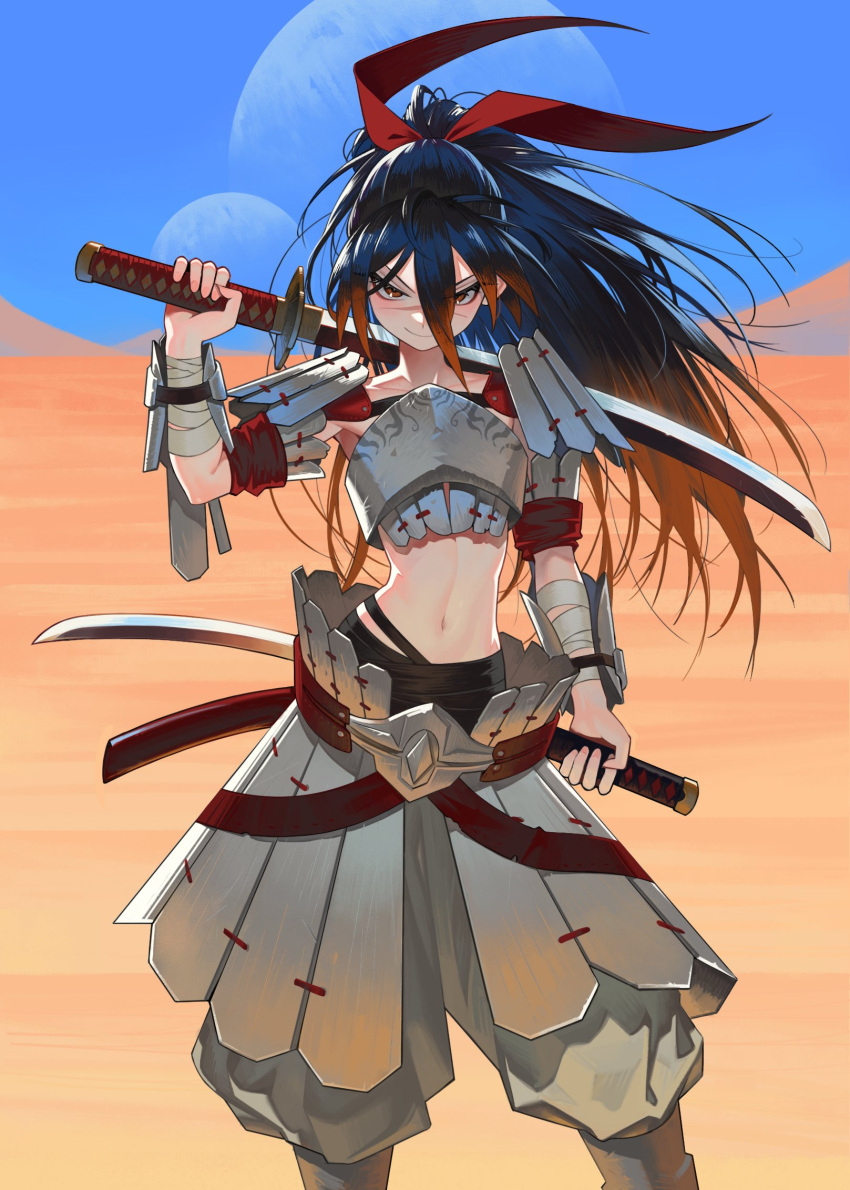 1girl, bandaged_arm, bandages, black_hair, desert, dual_wielding, gemi_ningen, hair_between_eyes