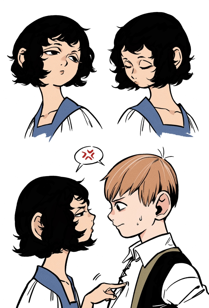 1boy, 1girl, anger_vein, black_eyes, black_hair, brown_hair, chilchuck's_wife, chilchuck_tims