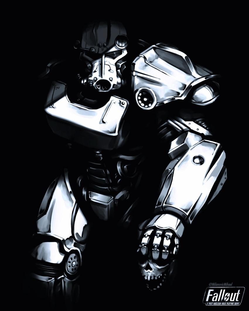 1other, absurdres, armor, copyright_name, english_commentary, fallout_(series), full_armor, greyscale, highres, holding, holding_skull, looking_at_viewer, mihaelmilanovic, monochrome, power_armor, shadow, skull, twitter_username