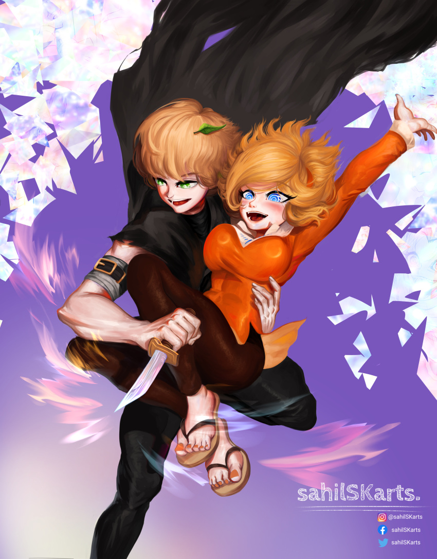 absurdres, artist_name, blonde_hair, blue_eyes, brown_pantyhose, cape, carrying, carrying_person, feet, green_eyes, guardian_tales, hairband, highres, holding, holding_weapon, medium_hair, orange_hairband, orange_shirt, pantyhose, parted_bangs, sahilskarts, shirt, simple_background, smile, weapon
