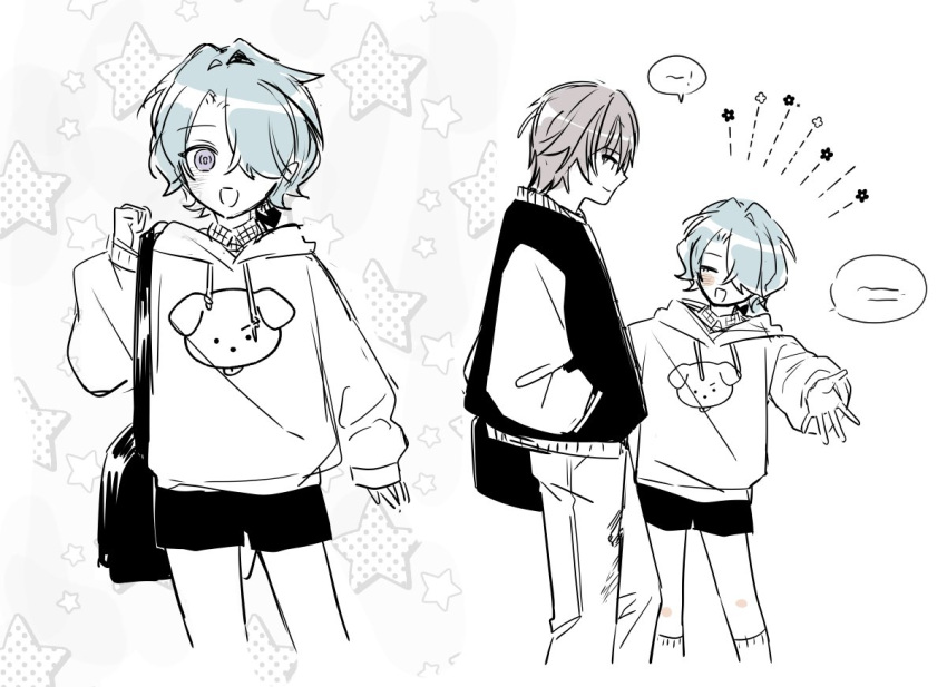 2boys, black_bag, black_jacket, black_shorts, blue_hair, blush, caelus_(honkai:_star_rail), cm_(tenji1352), grey_hair, greyscale, happy, honkai:_star_rail, honkai_(series), hood, hoodie, jacket, light_blue_hair, misha_(honkai:_star_rail), monochrome, multiple_boys, shorts, socks, talking, trailblazer_(honkai:_star_rail), violet_eyes