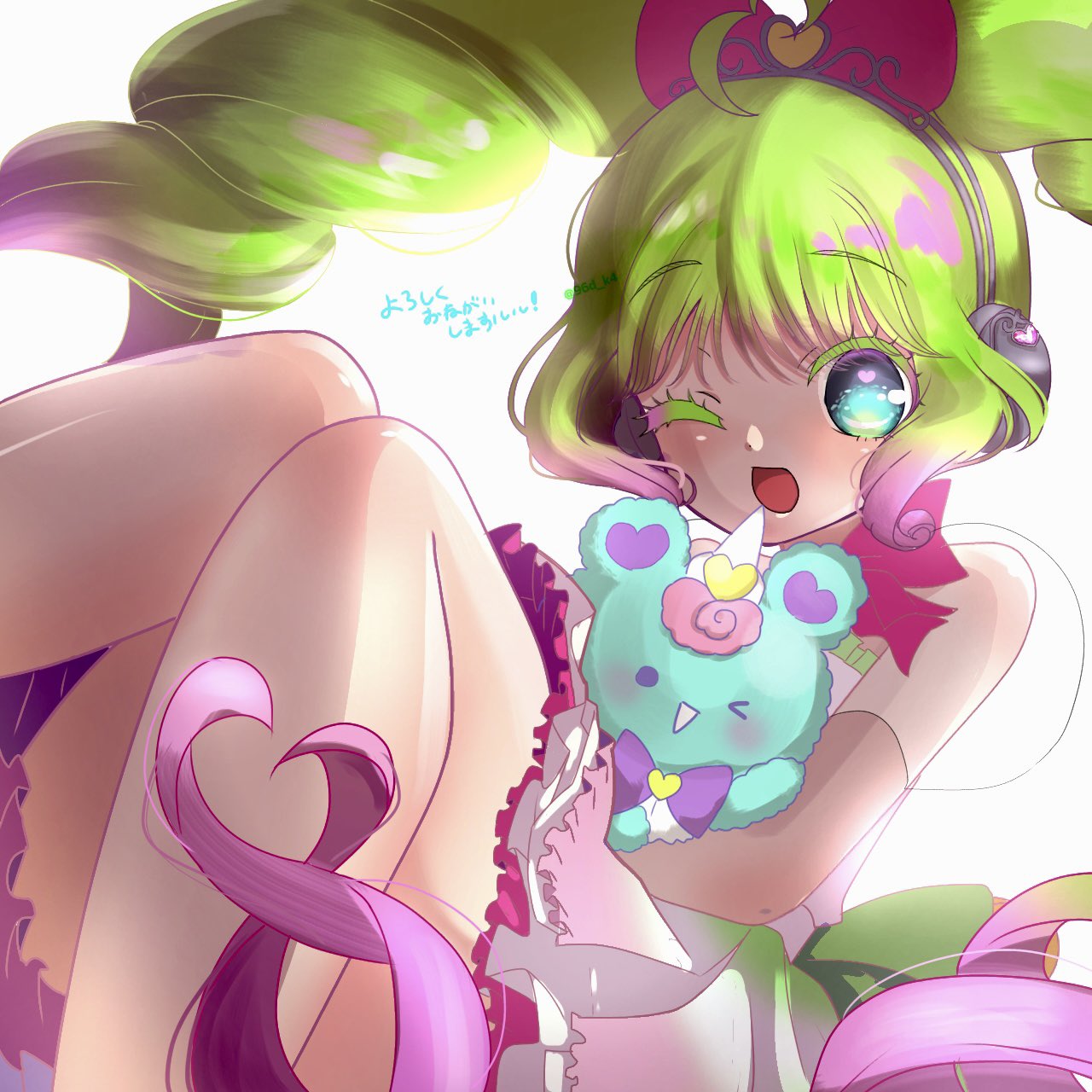 1girl, ;d, blue_eyes, bow, commentary_request, green_hair, hair_bow, highres