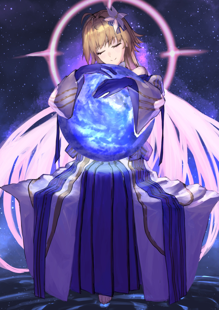 1girl, absurdres, antenna_hair, archetype_earth, arcueid_brunestud, bare_shoulders, blonde_hair, detached_sleeves