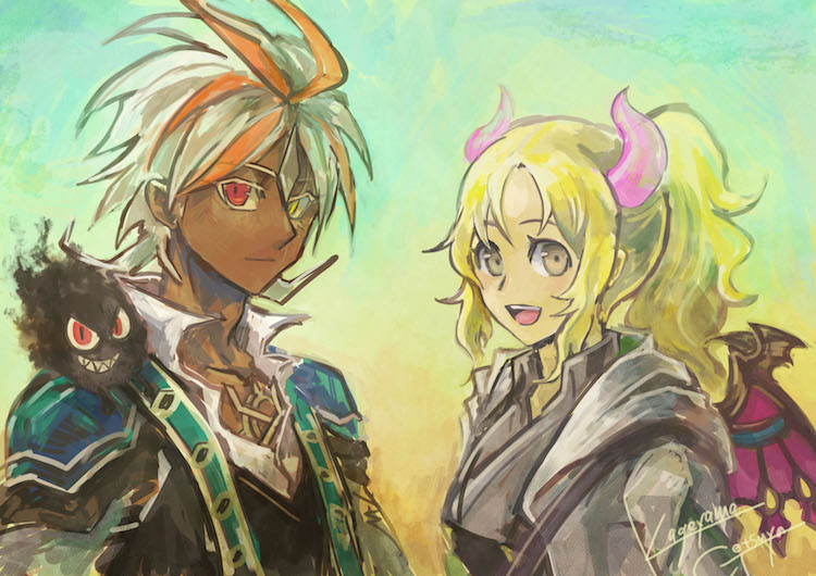 1boy, 1girl, albaz_(yu-gi-oh!), artist_name, blonde_hair, collarbone, dark-skinned_male, dark_skin