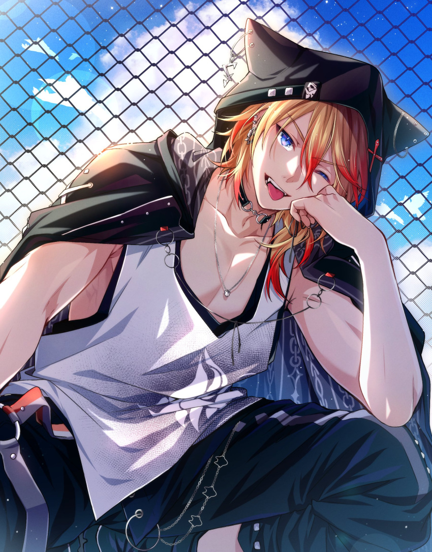 axel_syrios, axel_syrios_(2nd_costume), blonde_hair, blue_eyes, blue_sky, chain, chain-link_fence, clouds