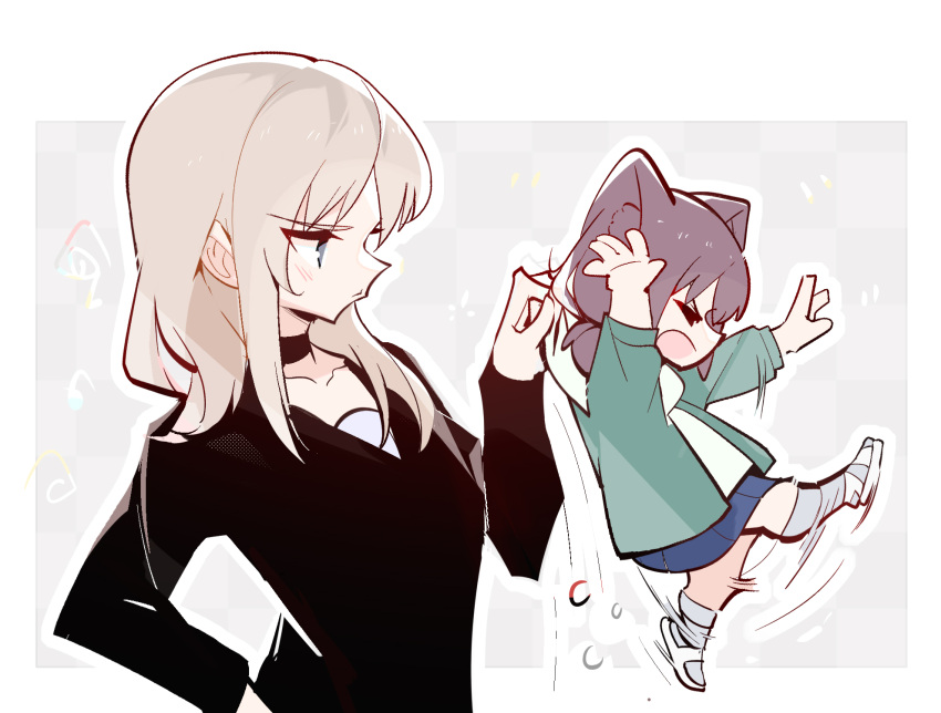 2girls, animal_ear_fluff, animal_ears, black_choker, black_shirt, blue_eyes, blue_skirt, border