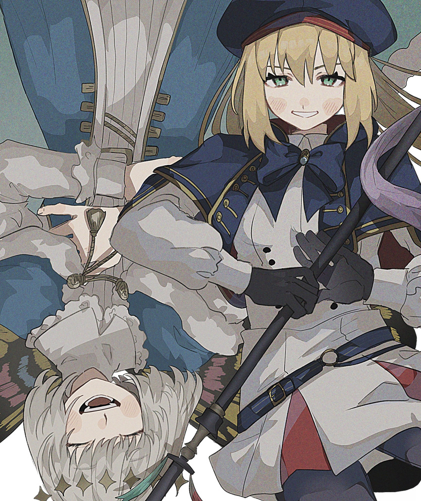 1boy, 1girl, arthropod_boy, artoria_caster_(fate), artoria_caster_(second_ascension)_(fate), artoria_pendragon_(fate), belt, beret