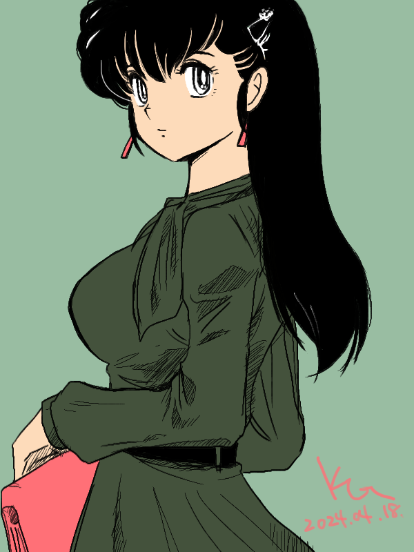 1girl, bag, belt, black_belt, black_eyes, black_hair, dated, dress