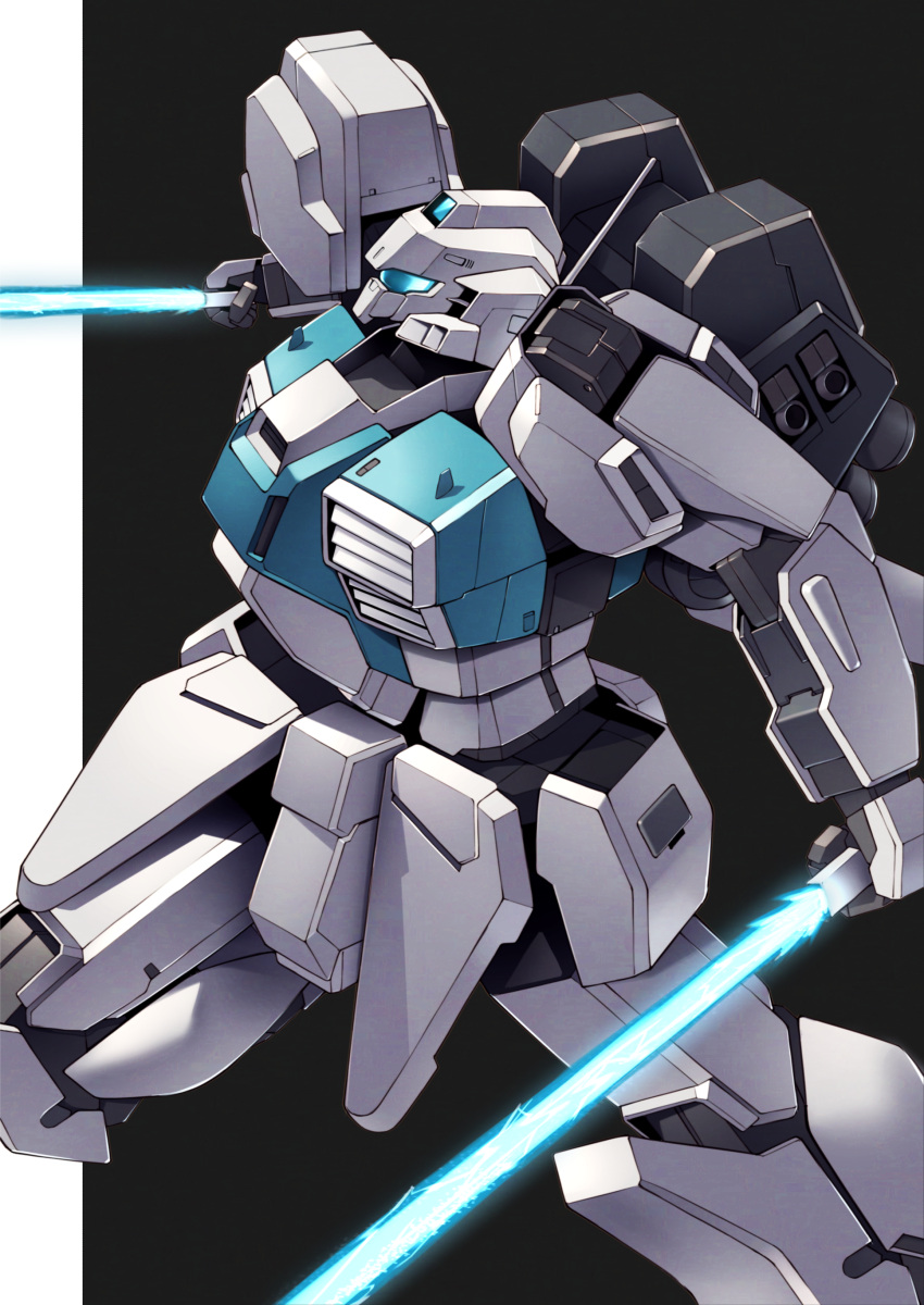 absurdres, assault_visor, beam_saber, black_background, dual_wielding, flying, gundam, gundam_sentinel