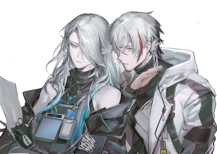 1boy, 1girl, aqua_eyes, aqua_hair, arknights, elysium_(arknights), hair_over_one_eye, highres, long_hair, mantra_(arknights), multicolored_hair, pointy_ears, skolly, streaked_hair, white_hair