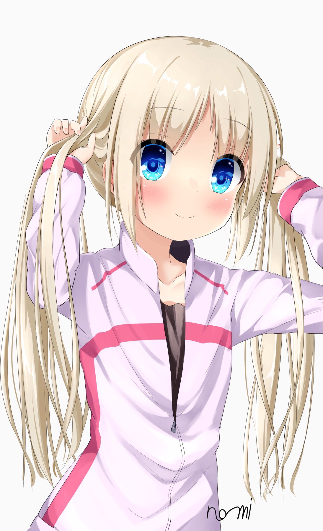 1girl, alternate_hairstyle, blue_eyes, blush, bright_pupils, closed_mouth, commentary_request, eyes_visible_through_hair, flat_chest, hands_up, happy, highres, holding, holding_hair, jacket, kudpoid_(71139), light_brown_hair, little_busters!, long_hair, looking_at_viewer, noumi_kudryavka, parted_bangs, partially_unzipped, purple_jacket, signature, simple_background, smile, solo, split_mouth, straight_hair, tareme, track_jacket, twintails, upper_body, very_long_hair, white_background, zipper