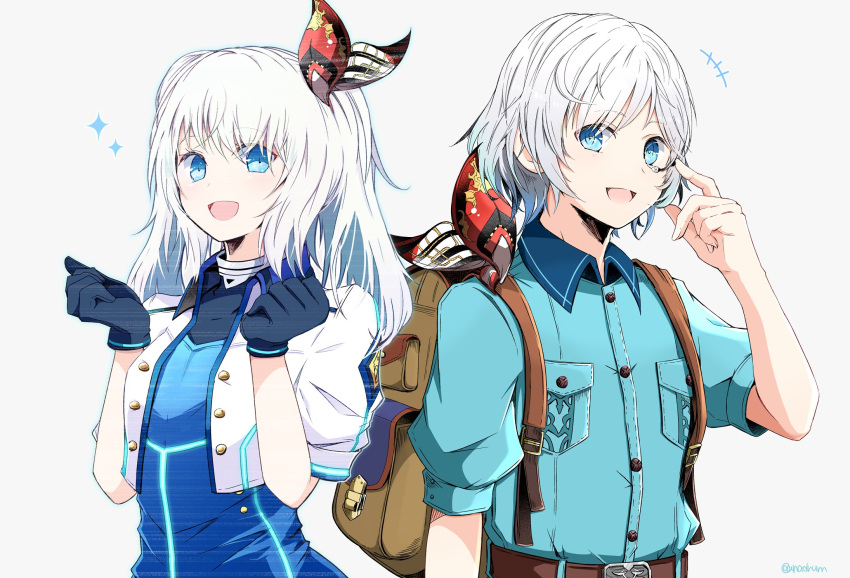 1boy, 1girl, adjusting_eyewear, backpack, bag, blue_eyes, bow, breast_pocket
