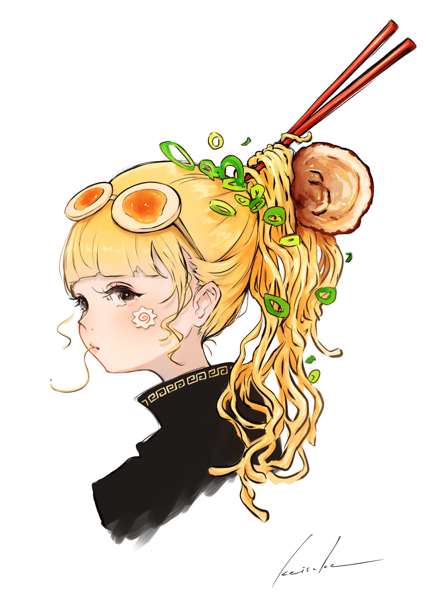 1girl, absurdres, black_jacket, blonde_hair, brown_eyes, chopsticks, egg_(food), eyewear_on_head