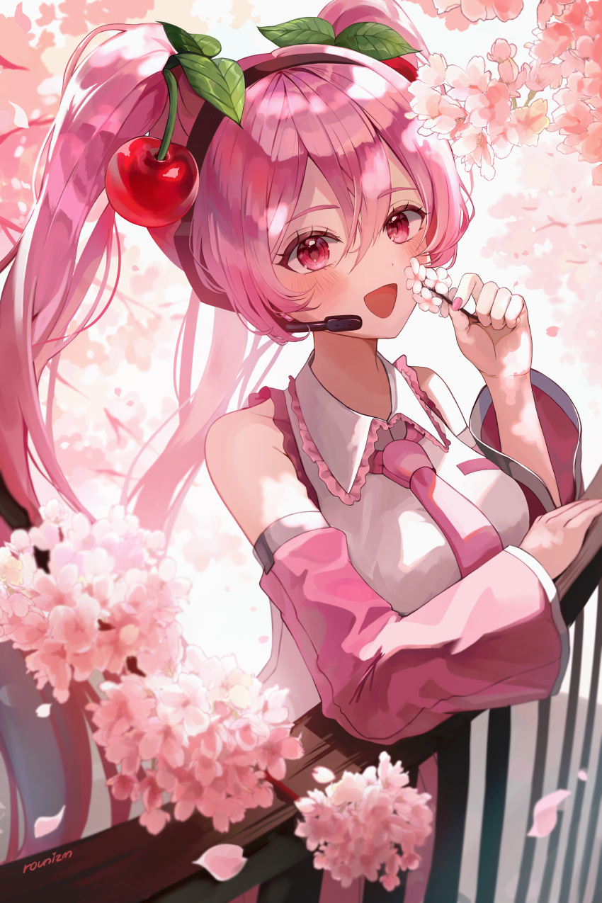 1girl, absurdres, blush, breasts, cherry, cherry_blossoms, commentary_request, detached_sleeves