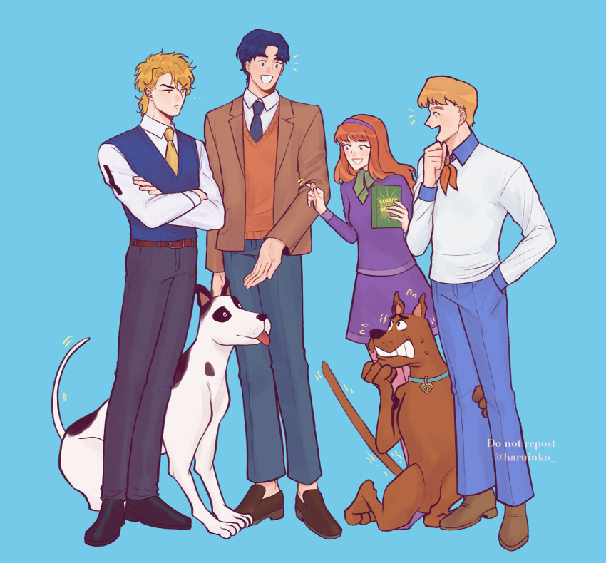 ..., 1girl, 3boys, :d, artist_name, belt, belt_buckle, black_footwear, black_pants, blonde_hair, blue_background, blue_hair, blue_necktie, blue_pants, blue_sweater_vest, box, brown_belt, brown_footwear, brown_jacket, buckle, closed_mouth, collared_shirt, commentary, crossed_arms, crossover, danny_(jojo), daphne_ann_blake, dio_brando, dog, dog_treat, english_commentary, flying_sweatdrops, fred_jones, full_body, green_neckerchief, hairband, hand_in_pocket, hand_on_own_chin, highres, holding, holding_box, jacket, jojo_no_kimyou_na_bouken, jonathan_joestar, jyammi, loafers, long_hair, long_sleeves, multiple_boys, neckerchief, necktie, notice_lines, open_clothes, open_jacket, orange_hair, orange_neckerchief, orange_sweater_vest, pants, phantom_blood, purple_hairband, purple_shirt, purple_skirt, red_eyes, scared, scooby-doo, scooby-doo_(character), shirt, shoes, short_hair, simple_background, skirt, smile, sweat, sweater_vest, tongue, tongue_out, twitter_username, violet_eyes, white_shirt, wing_collar