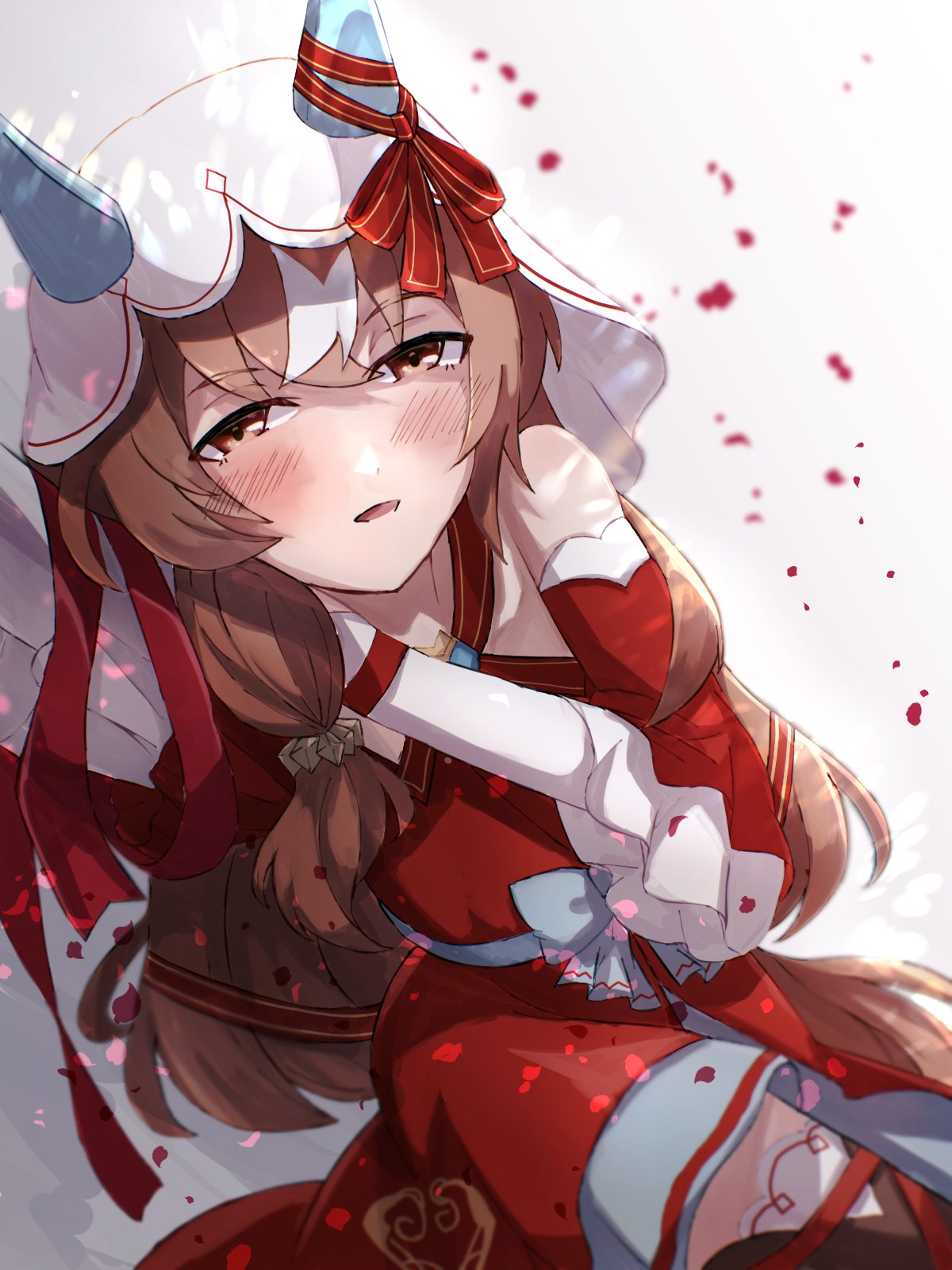 1girl, animal_ears, blush, breasts, brown_hair, detached_sleeves, hair_between_eyes, hair_ornament