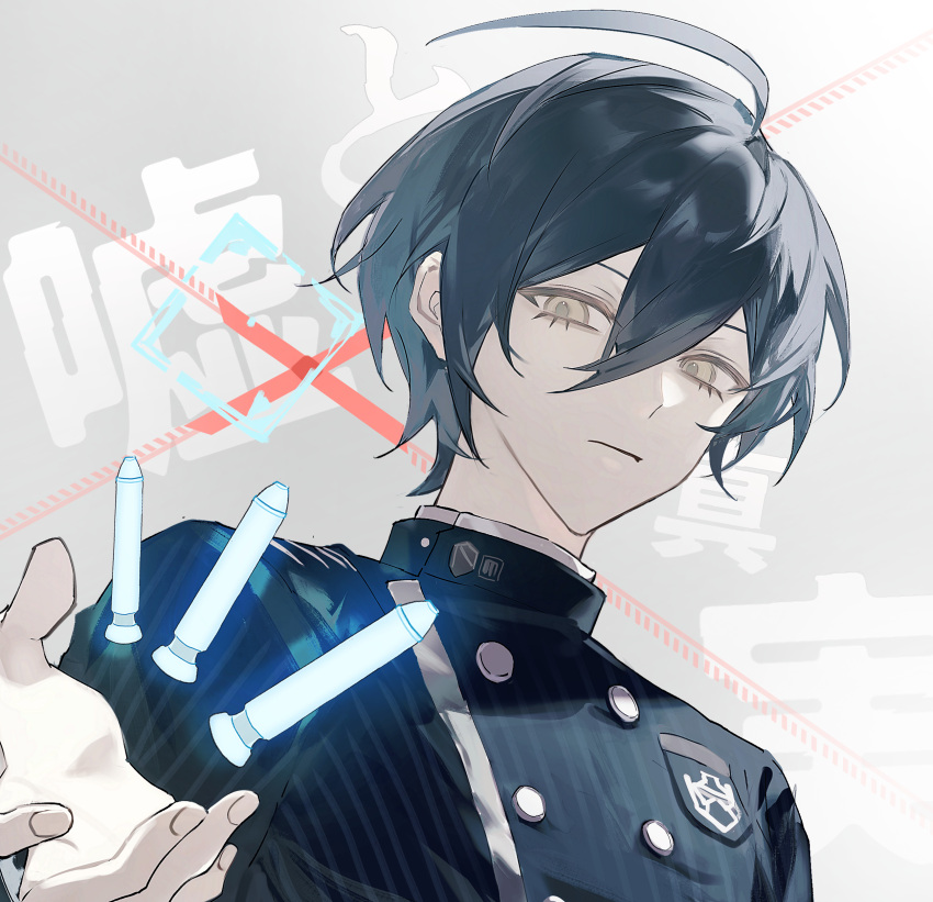 1boy, absurdres, ahoge, bishounen, black_hair, black_jacket, bullet, buttons