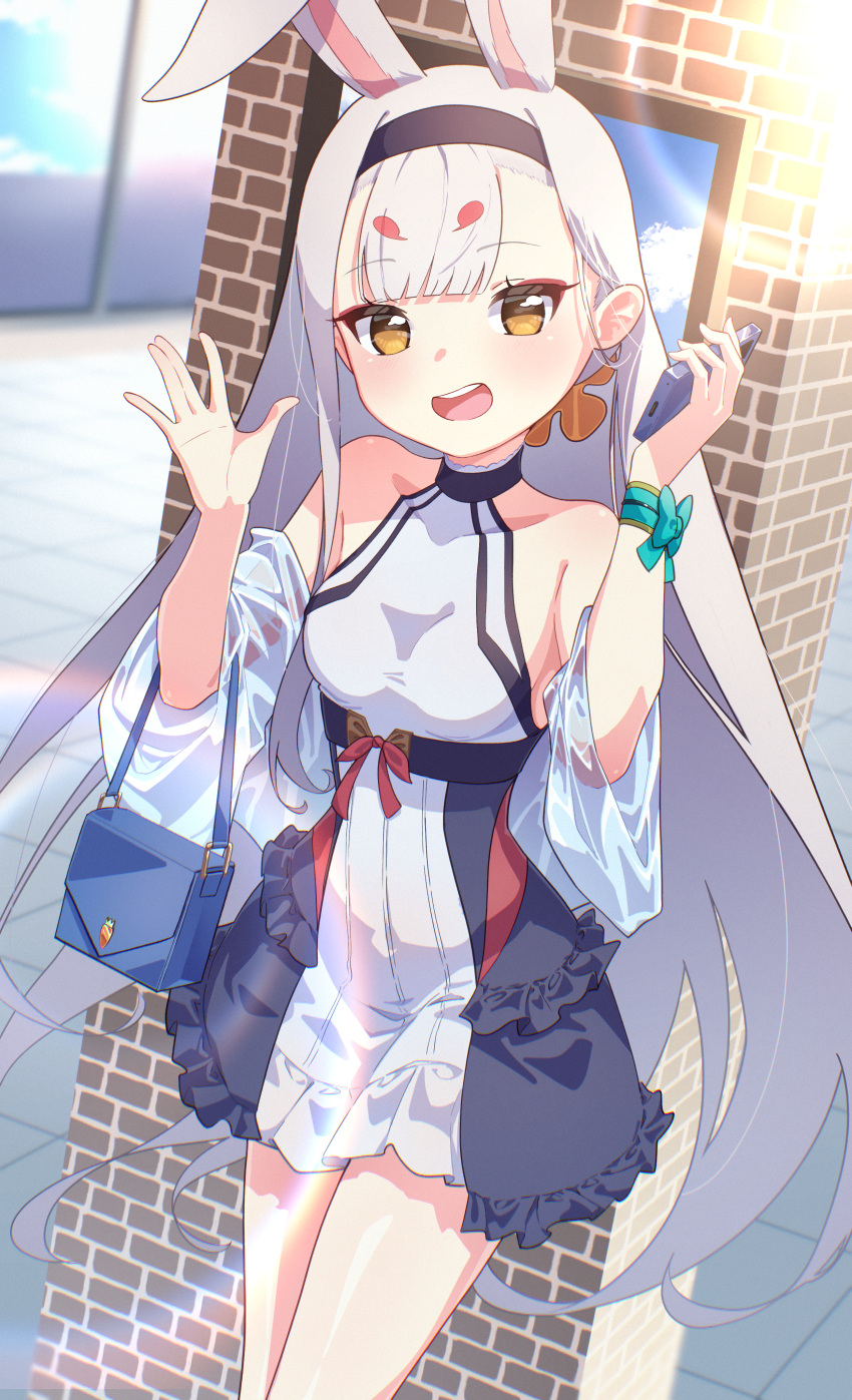1girl, absurdres, animal_ears, arms_up, azur_lane, bag, black_skirt, breasts