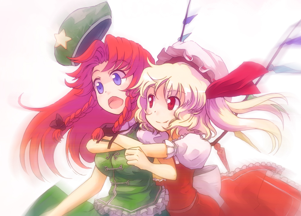 beret, blonde_hair, blue_eyes, blurry, braid, china_dress, chinese_clothes, fang