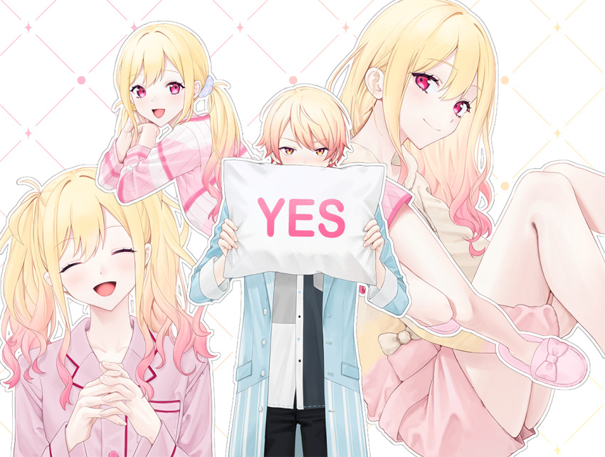1boy, 1girl, 2_(tsvf3235), black_pants, blonde_hair, blue_jacket, brother_and_sister, closed_eyes