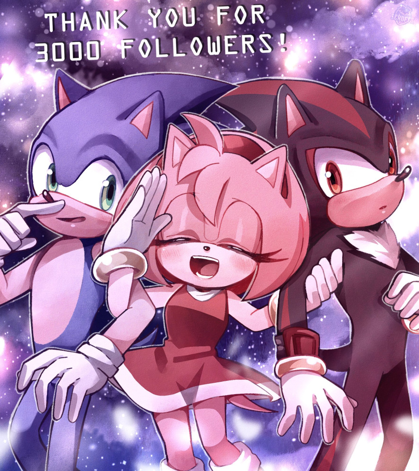 1girl, 2boys, amy_rose, animal_ears, animal_nose, artist_logo, bare_shoulders, black_fur, blue_fur, blue_sky, blush, bodysuit, bracelet, closed_eyes, clouds, cloudy_sky, dress, english_commentary, english_text, eyelashes, furry, furry_female, furry_male, gloves, gold_bracelet, gradient_sky, green_eyes, hairband, hand_up, hands_up, happy, hedgehog, hedgehog_ears, hedgehog_girl, hedgehog_tail, highres, jewelry, looking_at_another, multiple_boys, night, night_sky, open_mouth, pink_fur, purple_sky, red_dress, red_eyes, red_fur, red_hairband, scruffyart, shadow_the_hedgehog, sky, sleeveless, sleeveless_dress, smile, socks, sonic_(series), sonic_the_hedgehog, standing, star_(sky), starry_sky, tail, teeth, thank_you, tongue, two-tone_fur, white_gloves, white_socks