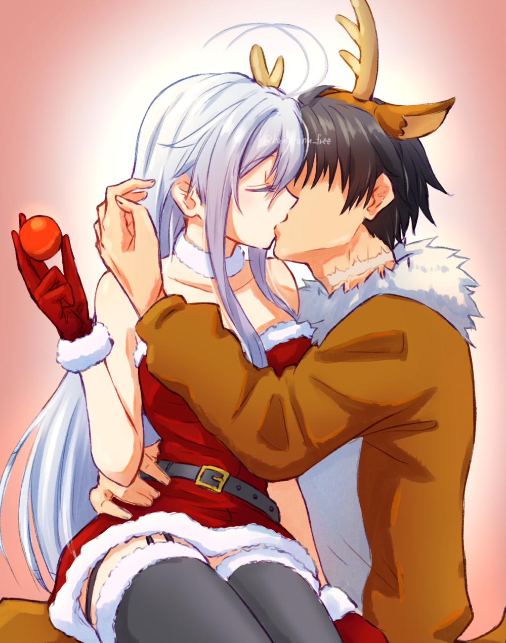 1boy, 1girl, 86_-eightysix-, alternate_costume, animal_costume, animal_ears, antlers, bare_arms, belt, belt_buckle, black_hair, brown_hairband, brown_jacket, buckle, choker, christmas, closed_eyes, collarbone, deer_ears, dress, fake_animal_ears, fake_antlers, fur-trimmed_dress, fur-trimmed_gloves, fur-trimmed_legwear, fur_trim, garter_straps, gloves, grey_belt, grey_hair, grey_thighhighs, hairband, hetero, highres, holding, horns, jacket, kamatanu_free, kiss, long_hair, long_sleeves, red_dress, red_gloves, reindeer_antlers, reindeer_costume, santa_costume, shinei_nouzen, short_dress, short_hair, sitting, sitting_on_lap, sitting_on_person, straight_hair, strapless, strapless_dress, thigh-highs, very_long_hair, vladilena_millize, white_choker, white_trim, zettai_ryouiki