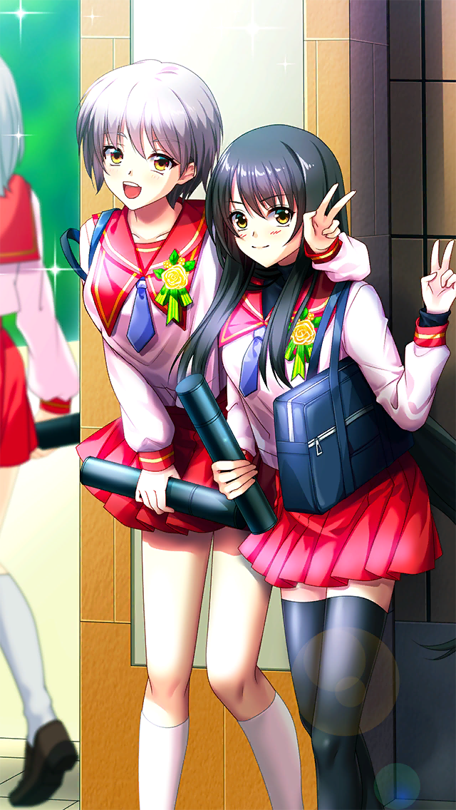 2girls, :d, arm_around_neck, bag, black_hair, black_thighhighs, blue_neckerchief, closed_mouth, collarbone, day, doukyuusei, doukyuusei_another_world, flower, game_cg, graduation, grey_hair, kneehighs, kurokawa_satomi, leaning_forward, lens_flare, long_hair, long_sleeves, looking_at_viewer, miniskirt, multiple_girls, neckerchief, official_art, open_mouth, outdoors, pleated_skirt, red_sailor_collar, red_skirt, sailor_collar, sailor_shirt, school_bag, shirt, short_hair, skirt, smile, socks, straight_hair, thigh-highs, todo_aoi, v, white_shirt, white_socks, yellow_eyes, yellow_flower, zettai_ryouiki