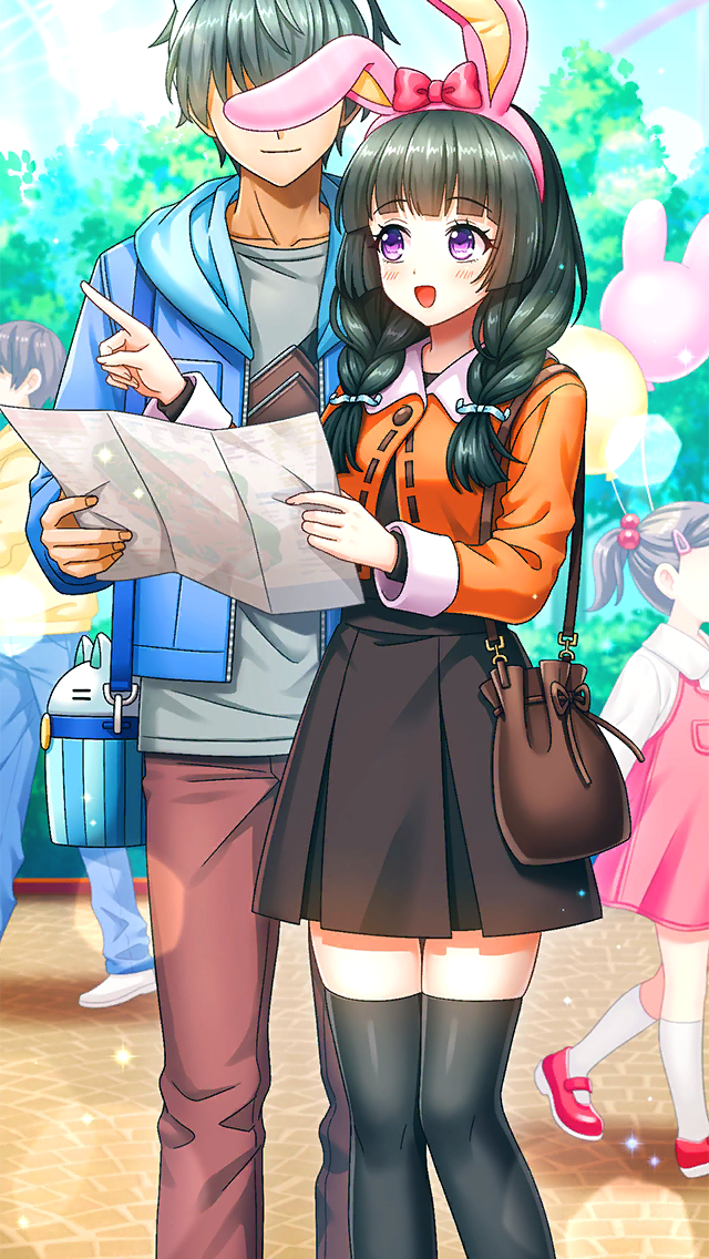 1boy, 1girl, :d, animal_ears, black_hair, black_skirt, black_thighhighs, blue_jacket, blunt_bangs, blush, bow, braid, doukyuusei_another_world, fake_animal_ears, game_cg, grey_shirt, hair_bow, hair_over_shoulder, hairband, hood, hood_down, hooded_jacket, index_finger_raised, jacket, kakyuusei, kamiyama_miko, lens_flare, long_hair, long_sleeves, miniskirt, official_art, open_clothes, open_jacket, open_mouth, orange_jacket, pants, pink_hairband, pleated_skirt, rabbit_ears, red_bow, red_pants, shirt, skirt, smile, thigh-highs, twin_braids, violet_eyes, zettai_ryouiki