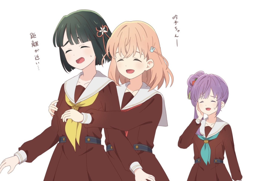 3girls, ^_^, aqua_neckerchief, black_hair, blunt_bangs, blunt_ends, brown_dress, cerise_bouquet