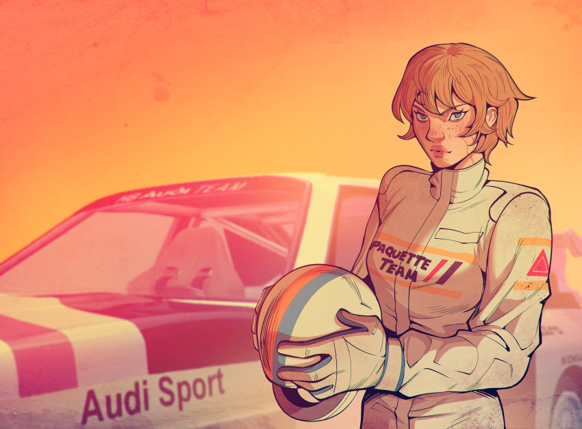 1girl, absurdres, apex_legends, audi, audi_quattro, blonde_hair, blue_eyes, car