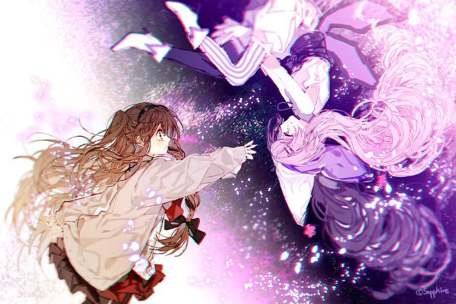 2girls, bare_arms, black_bow, black_corset, black_hairband, bow, brown_eyes, brown_hair