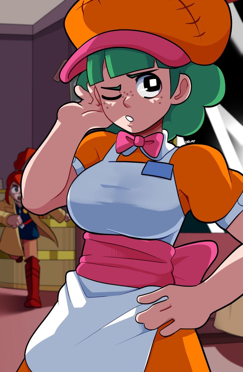 2girls, absurdres, apron, boots, bow, bowtie, coat, delatoid