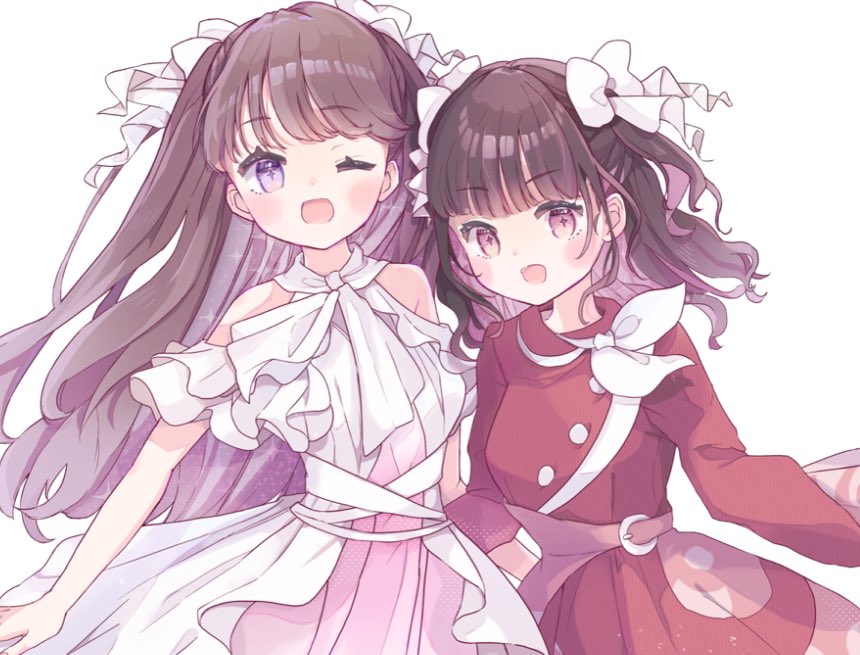 2girls, :d, ;d, animification, blunt_bangs, brown_hair, clothing_cutout, colored_inner_hair