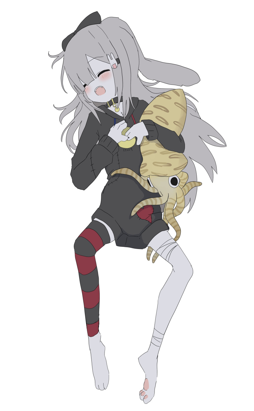 1girl, absurdres, animal_hands, bandaged_leg, bandages, blunt_bangs, cephalopod, collar