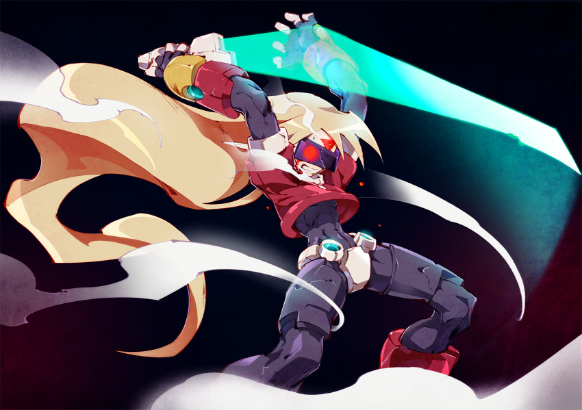 1boy, android, assault_visor, blonde_hair, bracelet, clenched_teeth, clouds, covered_eyes, energy_sword, fingerless_gloves, girouette_(mega_man), gloves, holding, jewelry, kon_(kin219), long_hair, male_focus, mega_man_(series), mega_man_zx, model_z_(mega_man), ponytail, solo, standing, sword, teeth, very_long_hair, weapon, wind