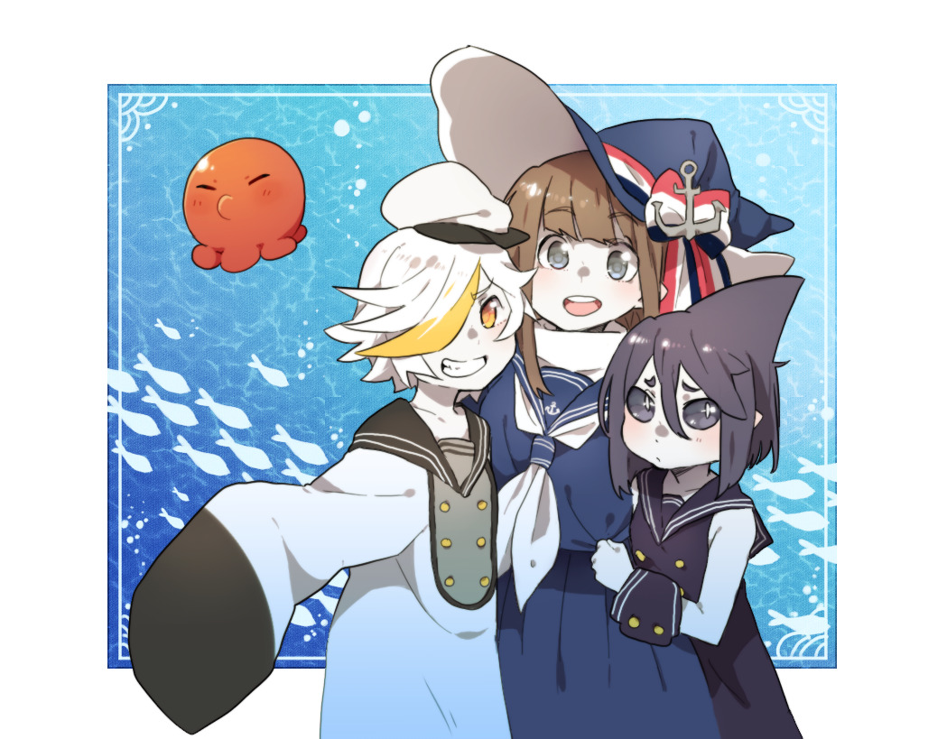 3girls, anchor_hat_ornament, animal, bird_girl, black_eyes, black_hair, black_sailor_collar, black_shirt, black_sleeves, blue_bow, blue_hat, blue_sailor_collar, blue_shirt, blue_skirt, blunt_bangs, border, bow, brown_hair, buttons, closed_mouth, collarbone, colored_skin, commentary, detached_sleeves, dolphi_(funamusea), dolphin_girl, english_commentary, fins, funamusea, grey_eyes, hair_over_one_eye, hat, hat_bow, hat_ornament, head_fins, height_difference, melonenbrot, memoca_(funamusea), multicolored_bow, multicolored_hair, multiple_girls, neckerchief, ocean, octopus, oounabara_to_wadanohara, open_mouth, orange_hair, outstretched_hand, pleated_skirt, pointy_ears, red_bow, sailor_collar, sailor_hat, school_uniform, serafuku, shirt, short_hair, sidelocks, skirt, sleeveless, sleeveless_shirt, streaked_hair, tarako_(funamusea), teeth, tomboy, upper_body, upper_teeth_only, wadanohara, water, white_border, white_bow, white_hair, white_neckerchief, white_serafuku, white_skin, witch_hat