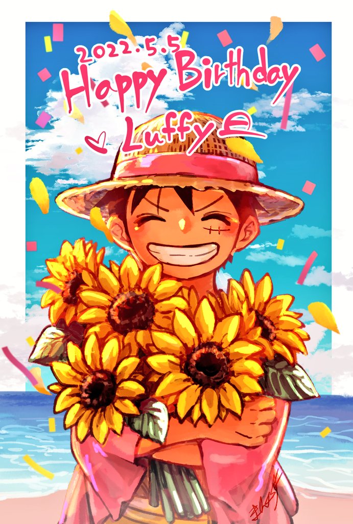 1boy, ^_^, bouquet, character_name, closed_eyes, clouds, commentary_request, confetti