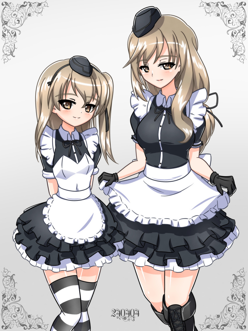 2girls, alternate_costume, apron, arms_behind_back, black_dress, black_footwear, black_hat, black_ribbon
