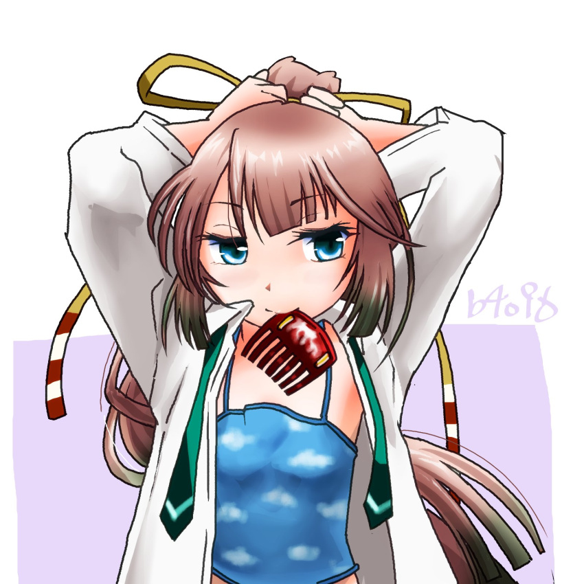 1girl, aqua_eyes, baku_(burst), blue_camisole, brown_hair, camisole, cloud_print, collared_shirt