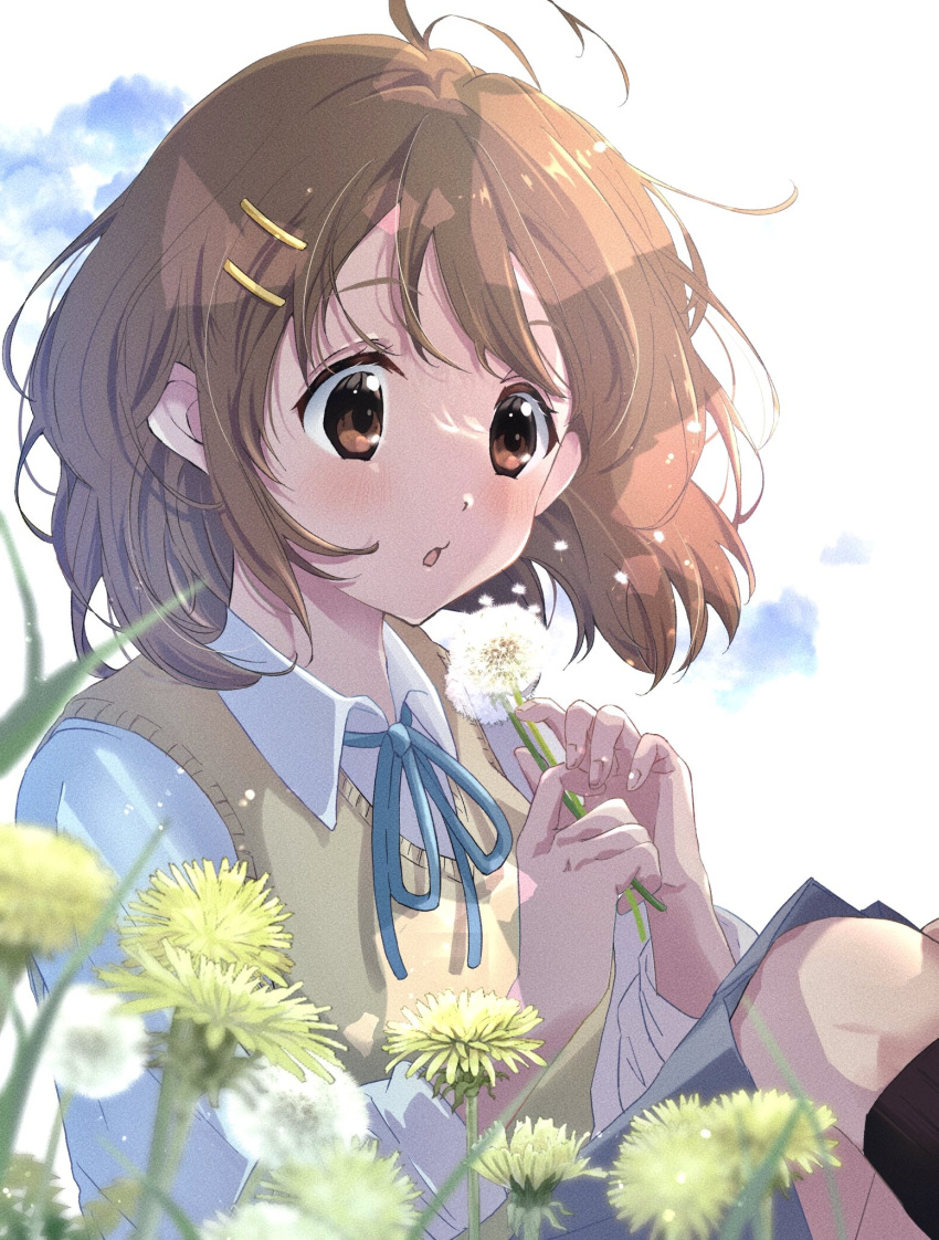1girl, :o, black_socks, blue_ribbon, blush, brown_eyes, brown_hair, collared_shirt
