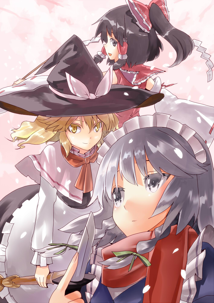 black_hair, blonde_hair, blue_eyes, bow, braid, broom, brown_hair, capelet, detached_sleeves, hair_bow, hakurei_reimu, hat, izayoi_sakuya, kirisame_marisa, knife, maid, maid_headdress, multiple_girls, scarf, shide, short_hair, silver_hair, touhou, twin_braids, witch_hat, yaten, yellow_eyes