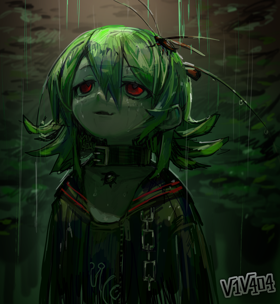 1girl, arthropod_girl, belt_collar, black_jacket, black_shirt, bug, chain, clouds