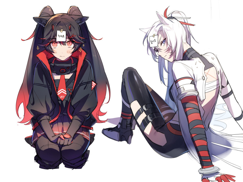 2girls, alpha_(punishing:_gray_raven), animal_ears, backless_jacket, black_dress, black_hair, black_jacket, black_leggings