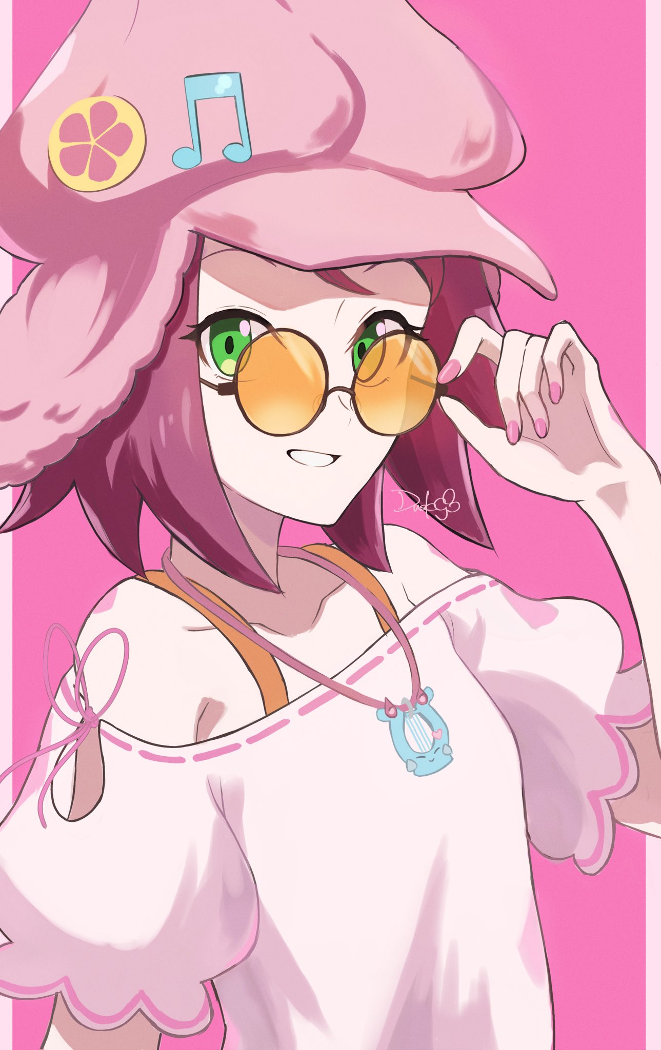 1girl, adjusting_eyewear, alternate_costume, bare_shoulders, collarbone, dusk_poke27, green_eyes, highres