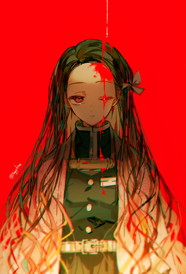 alternate_universe, asa_no_ha_(pattern), bamboo, bit_gag, black_hair, blood, brown_hair, closed_mouth