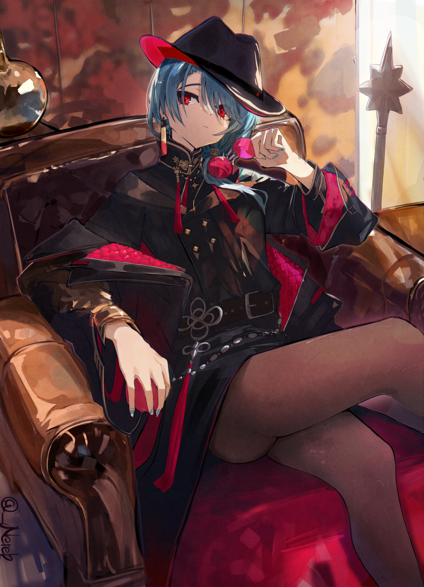 1girl, absurdres, belt, coat, couch, crossed_legs, earrings, hat