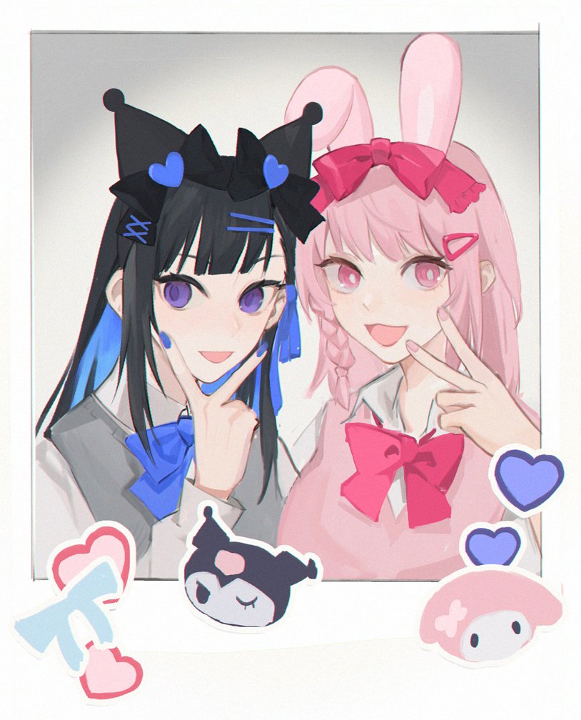 18_kawaki, 2girls, alternate_costume, animal_ears, ayla_(punishing:_gray_raven), black_bow, black_hair, blue_bow, blue_bowtie, blue_eyes, blue_nails, blue_ribbon, bow, bowtie, braid, collared_shirt, colored_inner_hair, fake_animal_ears, grey_sweater, hair_bow, hair_ornament, hair_ribbon, hairclip, heart, heart_hair_ornament, multicolored_hair, multiple_girls, open_mouth, pink_bow, pink_bowtie, pink_eyes, pink_hair, pink_sweater, punishing:_gray_raven, rabbit_ears, ribbon, selena_(punishing:_gray_raven), shirt, side_braid, sidelocks, sleeveless, sleeveless_sweater, sweater, triangle_hair_ornament, v, violet_eyes, white_shirt