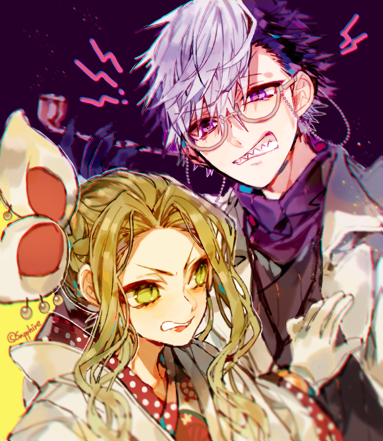 1boy, 1girl, angry, bow, clenched_teeth, coat, green_eyes, green_hair