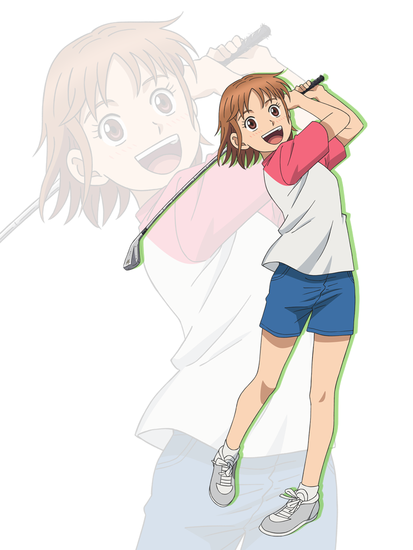 1girl, :d, blue_shorts, brown_eyes, brown_hair, golf_club, holding, holding_golf_club
