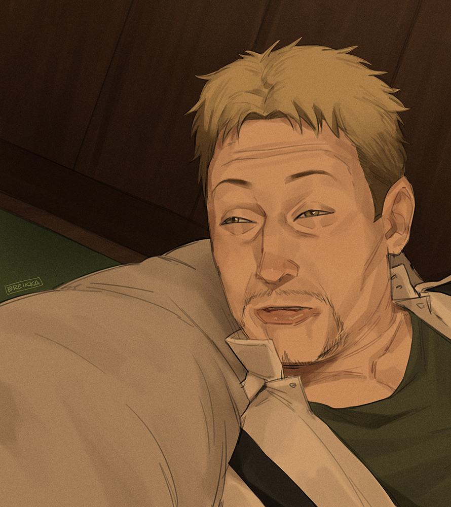 1boy, artist_logo, artist_name, blonde_hair, breikka, brown_eyes, green_shirt, half-closed_eyes